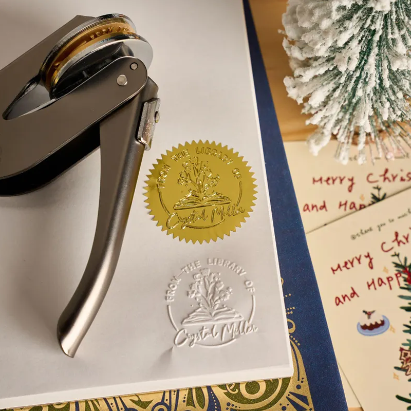 Custom Metal Book Embosser for Book Lover Gifts Handheld Personalized Embosser Book Stamp Library Stamp Gift for Readers, Teachers & Home Libraries