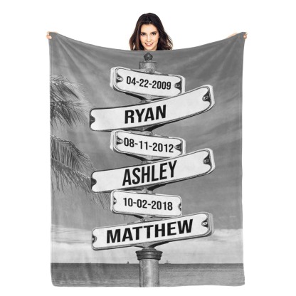 Personalized Family Names & Date of Birth Vintage Street Sign Blanket Custom Multi-Name for Family