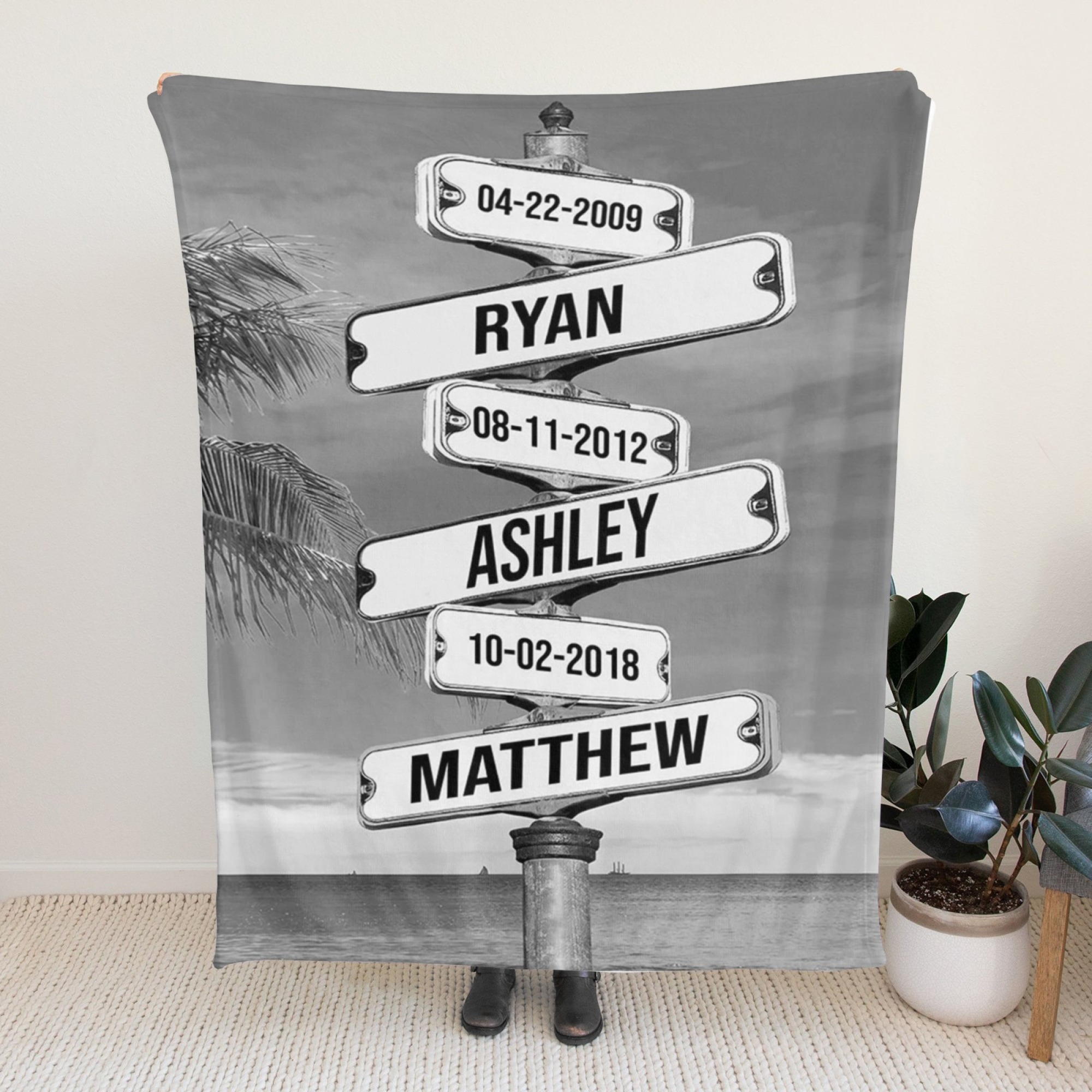 Personalized Family Names & Date of Birth Vintage Street Sign Blanket Custom Multi-Name for Family