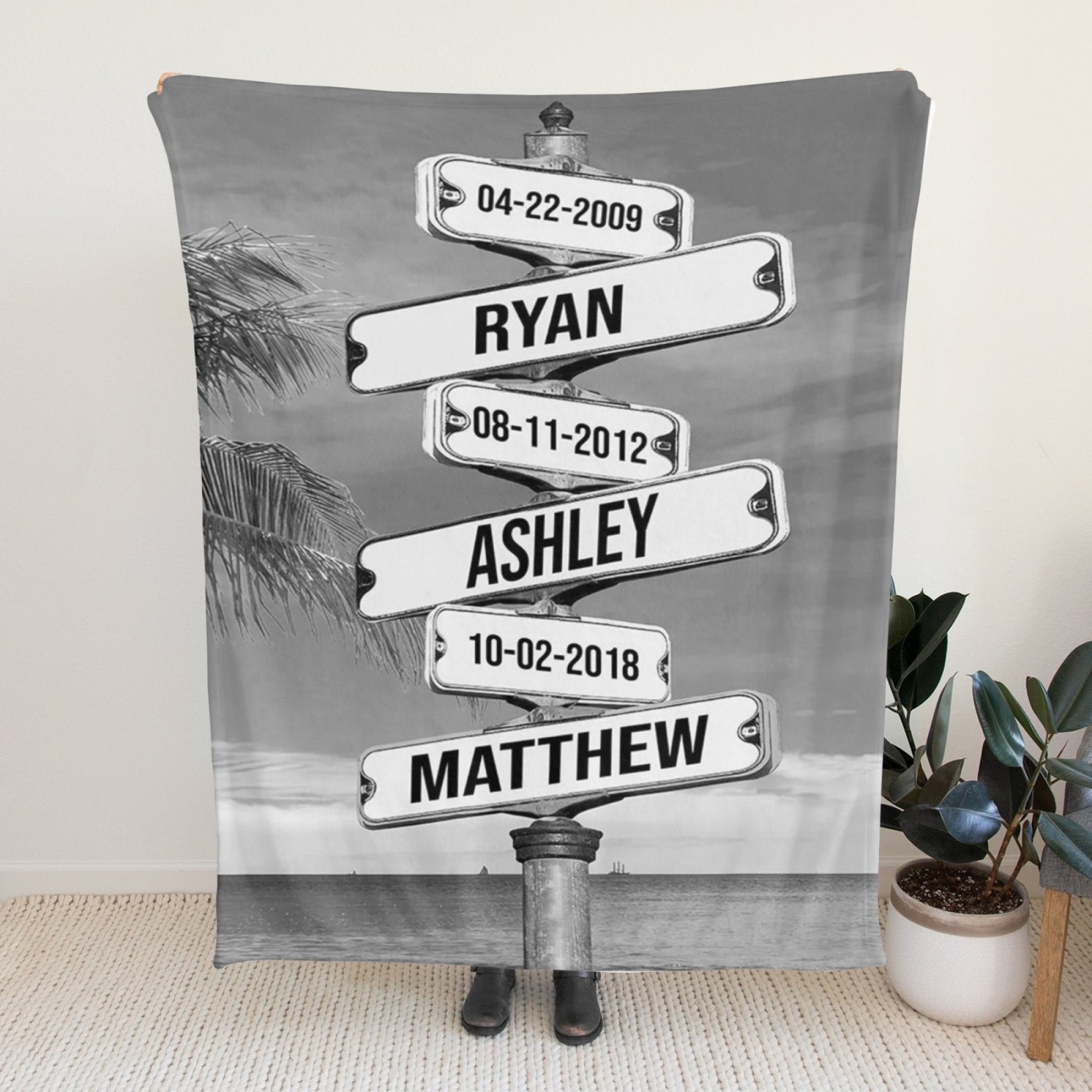 Personalized Family Names & Date of Birth Vintage Street Sign Blanket Custom Multi-Name for Family