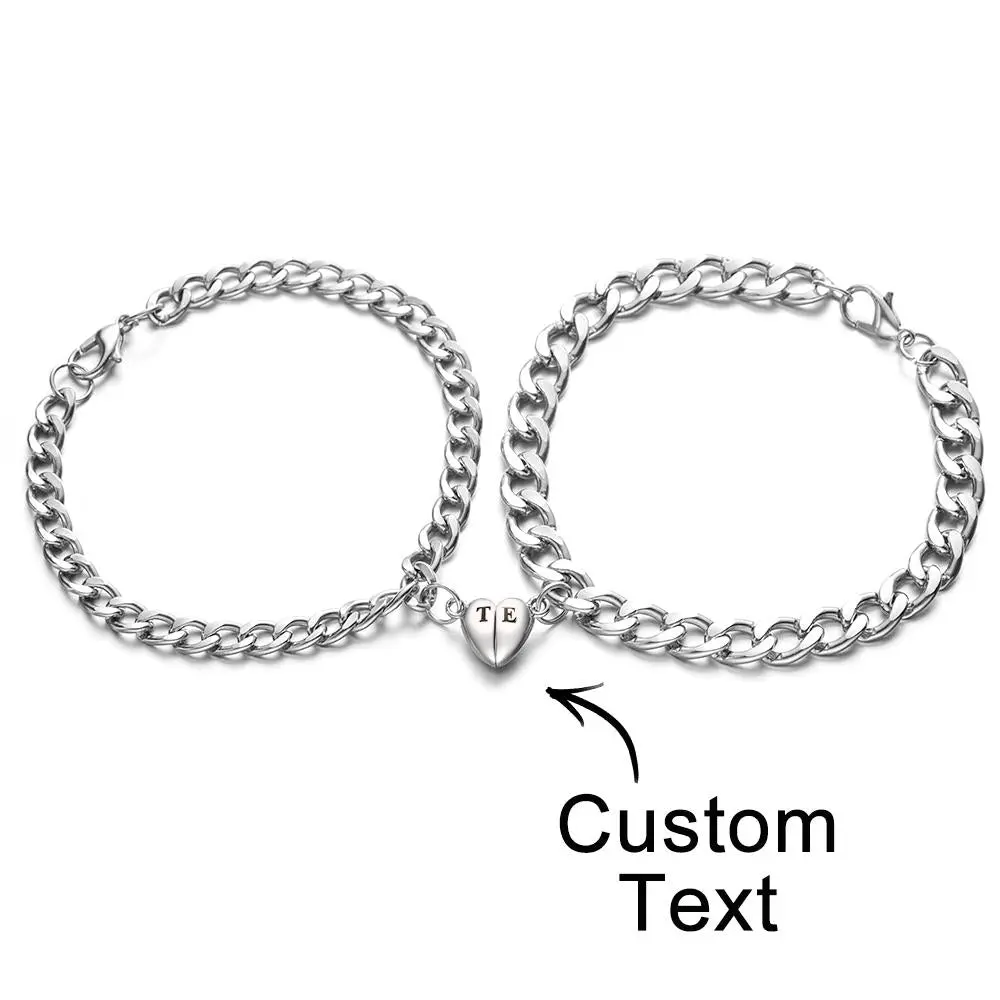 Custom Engraved Magnetic Bracelet Set Heart Shaped Matching Bracelet For Couples