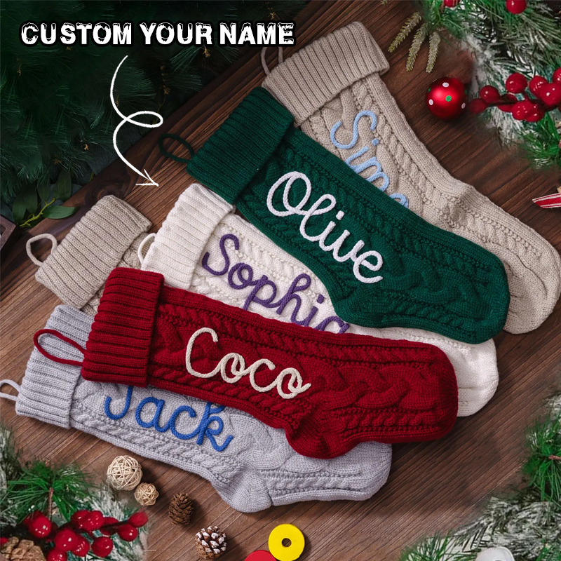 Handmade Personalized Name Hand Embroidered Christmas Stockings Custom Knit Socks Ornament with Name Family Xmas Gifts