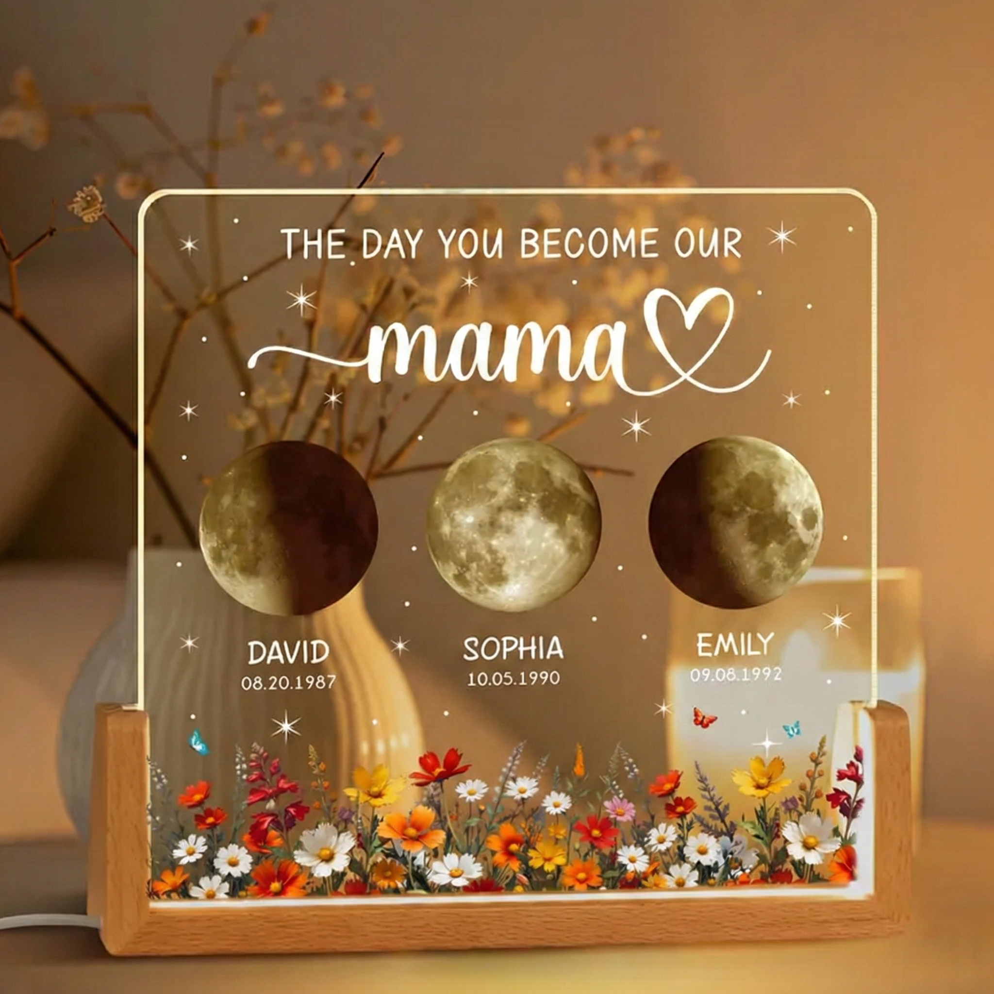 Custom Kids Moon Phase Night Light Personalized Moon Phase Crystal Lamp The Day You Become Our Mom Gifts for Mom Grandma