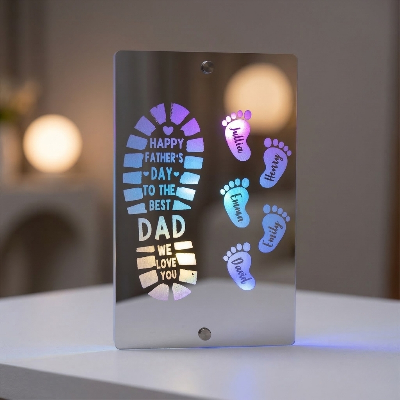 Personalized Names Footprint Mirror Light Custom Name Mirror Light Father's Day Gift