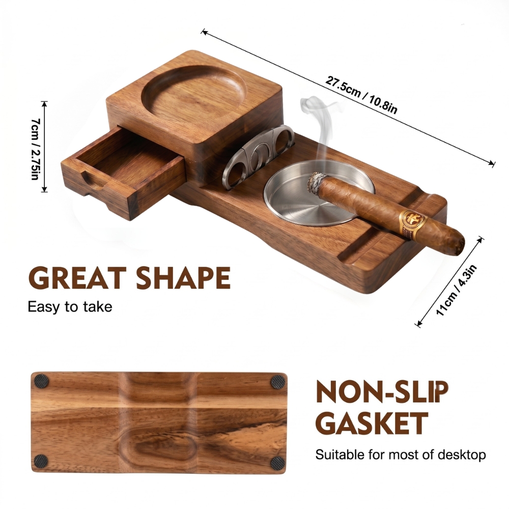 Personalized Cigar Ashtray Walnut Box Whiskey Glass Ashtray Cigar Holder Engraved Wood Gifts for Dad