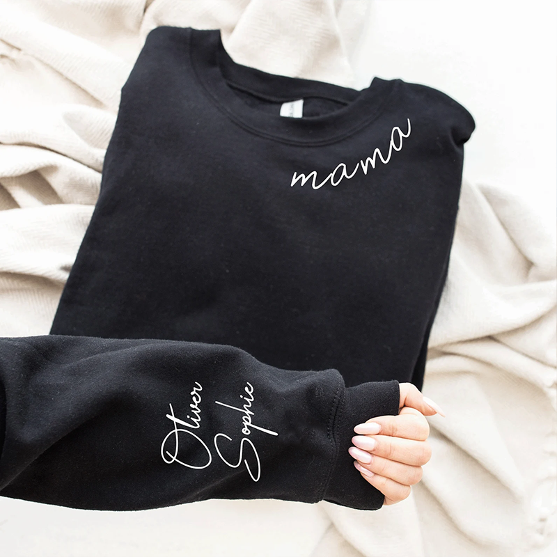 Custom Mama Sweatshirt with Kid Name Printed on Sleeve Personalized Mo