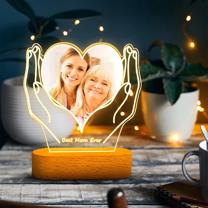 Custom Photo and Text Heart on Hands Night Light Mother's Day Gifts
