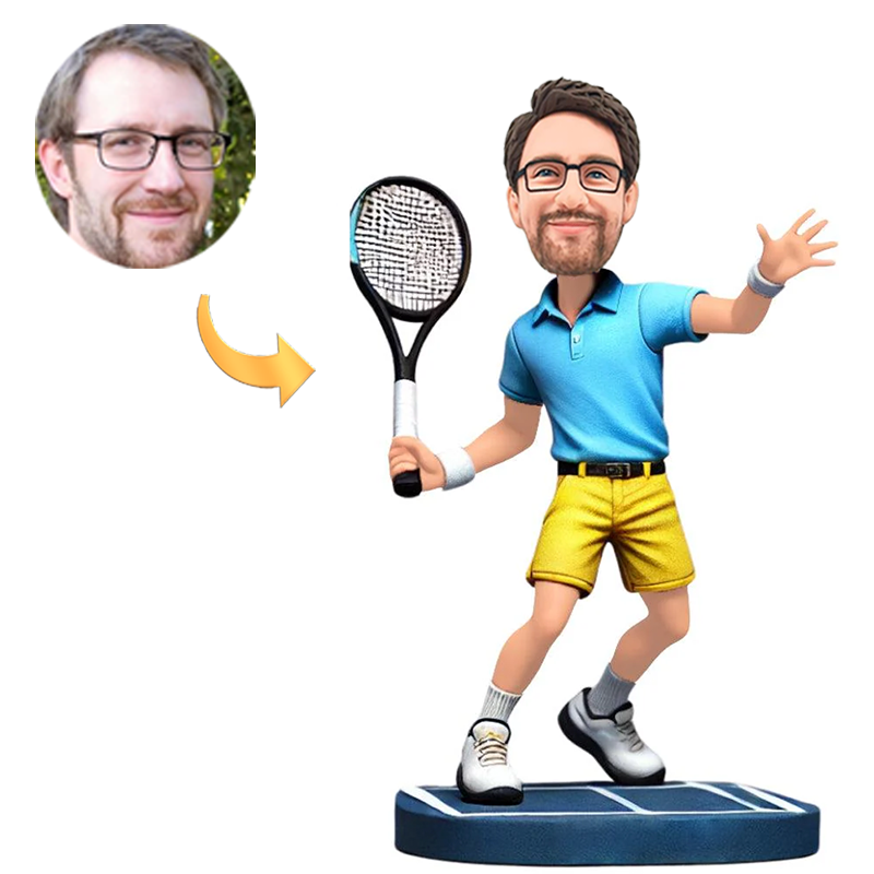 Handmade Custom Bobbleheads Playing Tennis Blue T-shirt Male Tennis Player