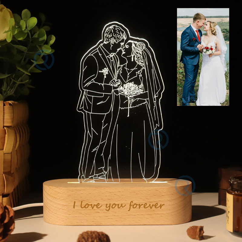 Personalized Photo Drawing Engraved Portrait Line Art Picture Night Light Anniversary Weeding Gifts