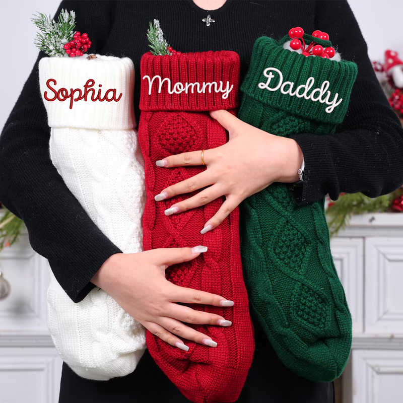 Personalized Embroidered Knit Christmas Stockings Ornament Knitted Sock Holiday Stockings with Name Christmas Gifts