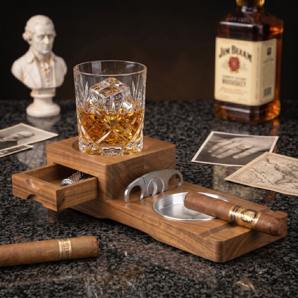Personalized Cigar Ashtray Walnut Box Whiskey Glass Ashtray Cigar Holder Engraved Wood Gifts for Dad