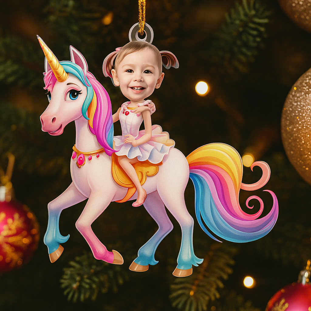 Unicorn Princess Custom Face Photo Ornament Personalized Acrylic Christmas Gift for Girl Daughter
