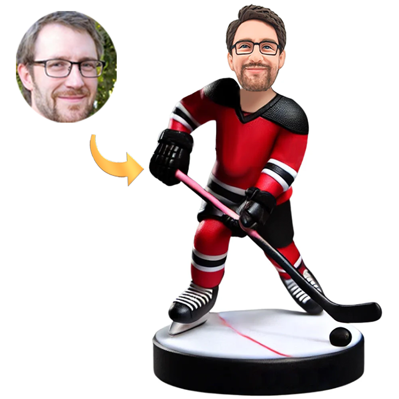 Handcraft Custom Bobbleheads Hockey Player in Red and Black Sportswear with Text Engraved