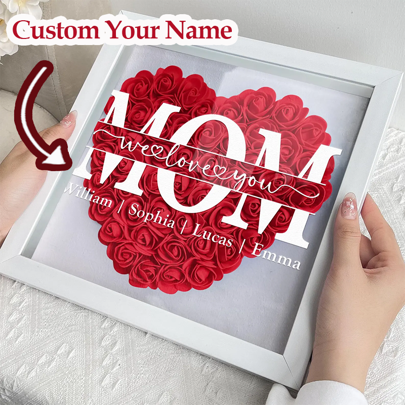 Personalized Mom Flower Shadow Box with Kids Name Custom Heart Rose Frame with LED Light Mother's Day Gift