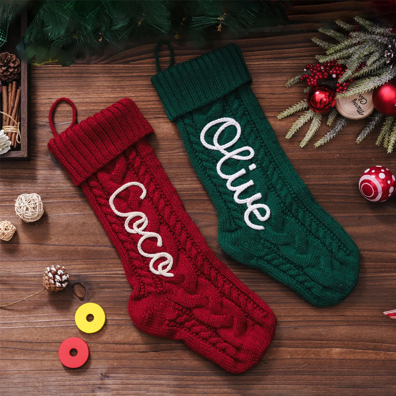 Handmade Personalized Name Hand Embroidered Christmas Stockings Custom Knit Socks Ornament with Name Family Xmas Gifts
