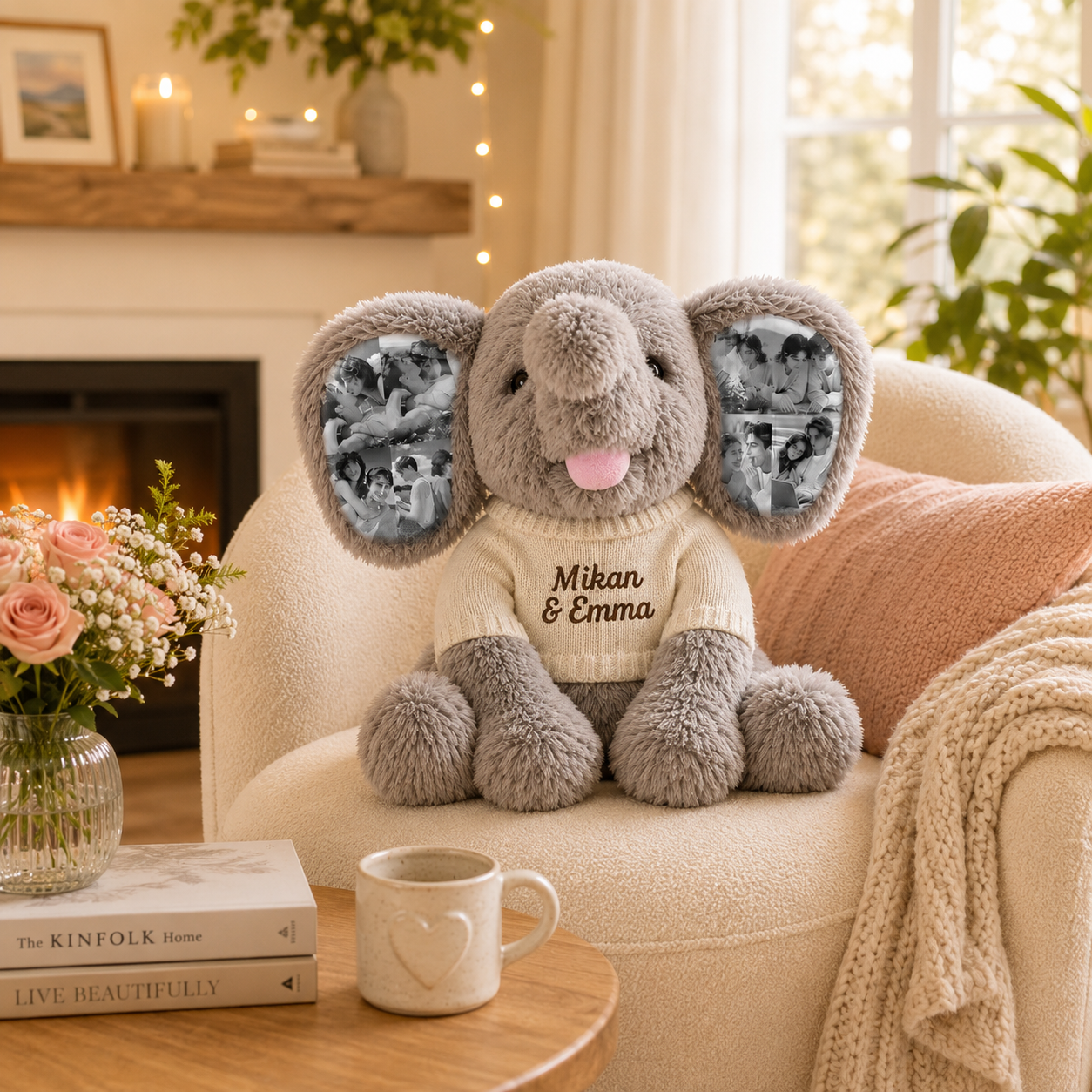 Personalized Photo Elephant Plush with Embroidered Name Custom 8 Pictures Ear Stuffed Elephant Anniversary Gift for Couples
