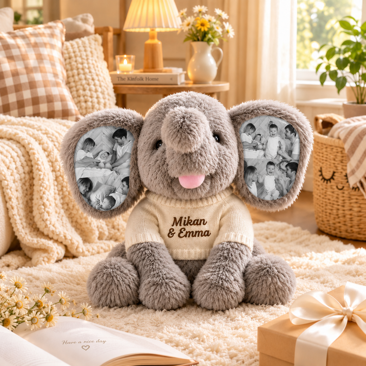Personalized 8 Photo Elephant Plush with Embroidered Name Custom Memory Stuffed Animal Birthday and Back to School Gift for Kids