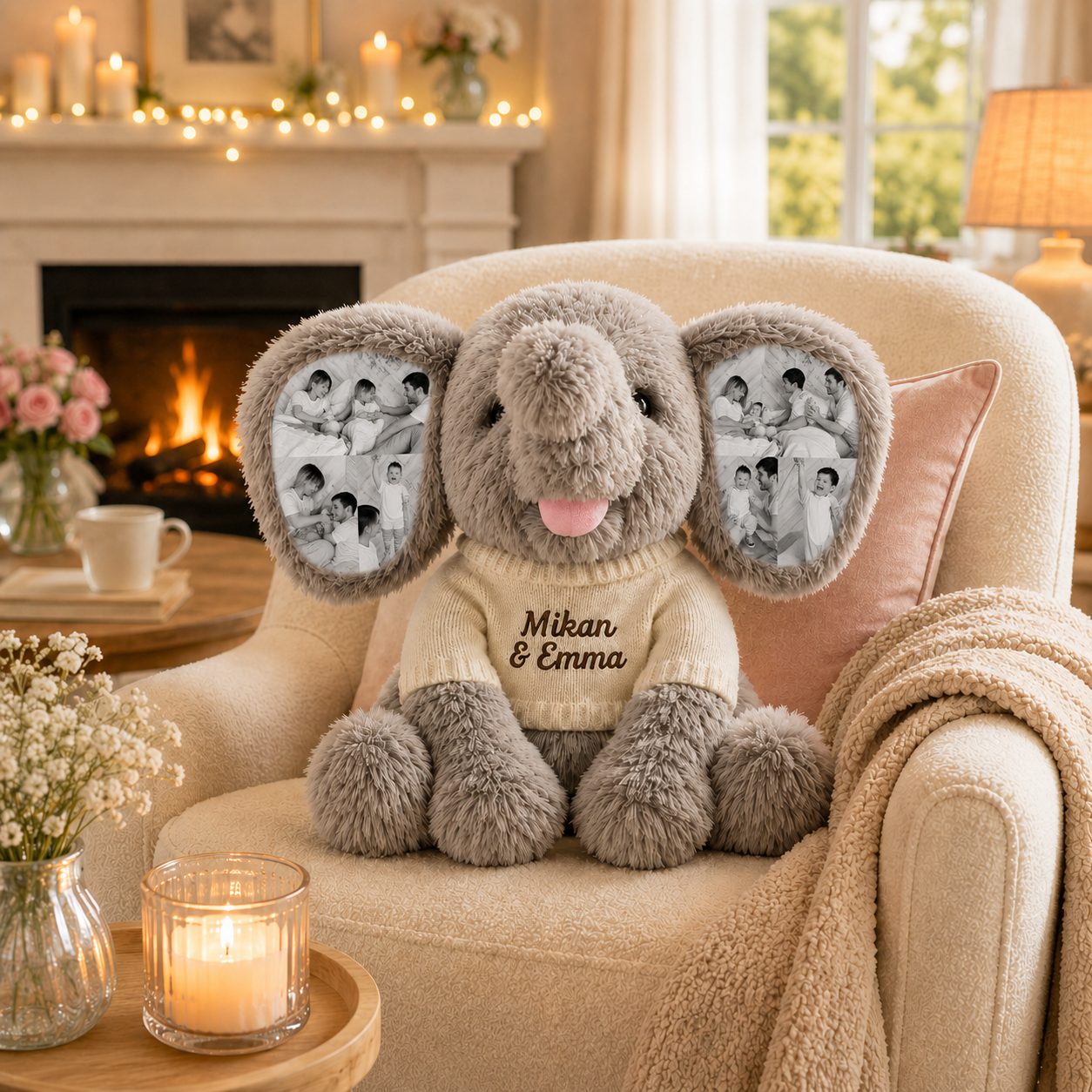 Personalized 8 Photo Elephant Plush with Embroidered Name Custom Memory Stuffed Animal Birthday and Back to School Gift for Kids