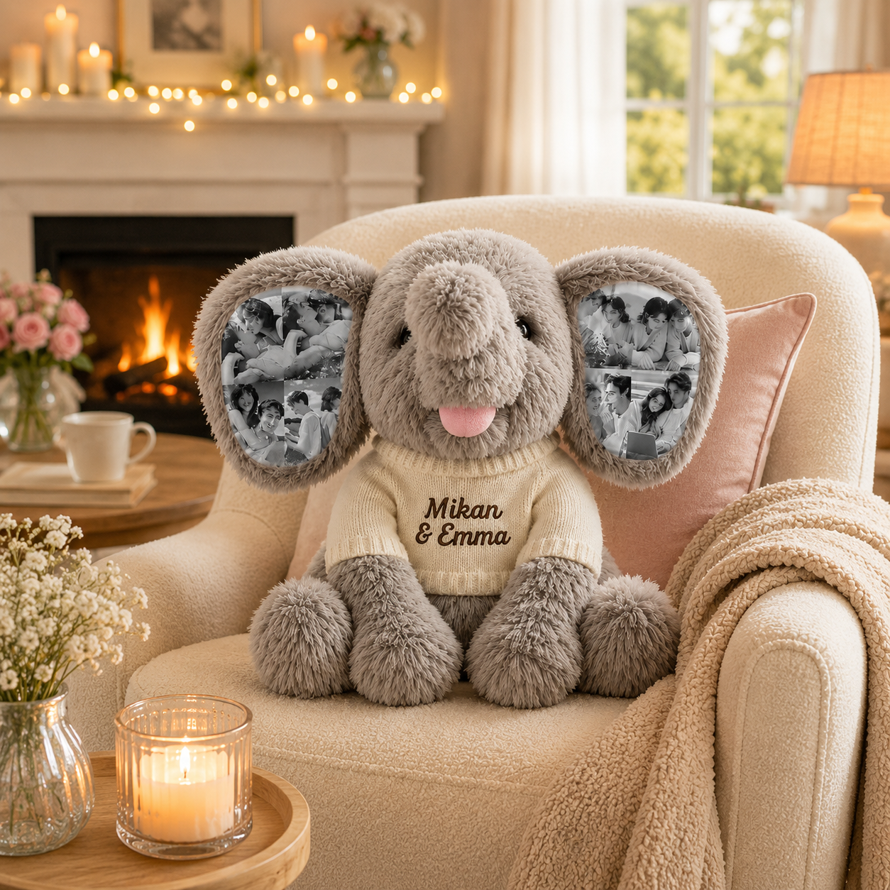 Personalized Photo Elephant Plush with Embroidered Name Custom 8 Pictures Ear Stuffed Elephant Anniversary Gift for Couples
