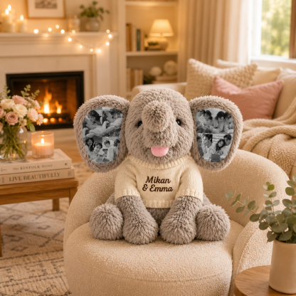 Personalized Photo Elephant Plush with Embroidered Name Custom 8 Pictures Ear Stuffed Elephant Anniversary Gift for Couples