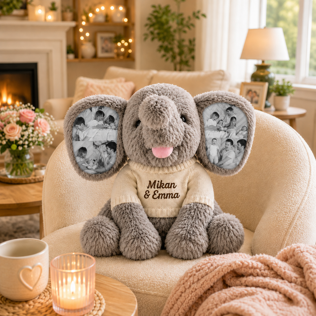 Personalized 8 Photo Elephant Plush with Embroidered Name Custom Memory Stuffed Animal Birthday and Back to School Gift for Kids