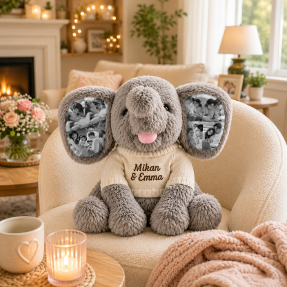 Personalized Photo Elephant Plush with Embroidered Name Custom 8 Pictures Ear Stuffed Elephant Anniversary Gift for Couples