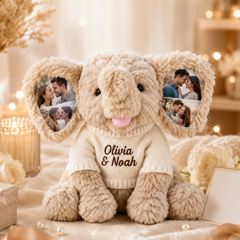 Personalized Photo Elephant Plush with Embroidered Name Custom 8 Pictures Ear Stuffed Elephant Anniversary Gift for Couples