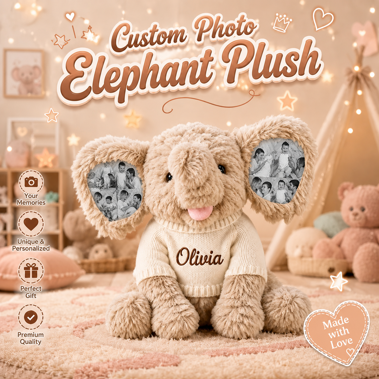 Personalized 8 Photo Elephant Plush with Embroidered Name Custom Memory Stuffed Animal Birthday and Back to School Gift for Kids