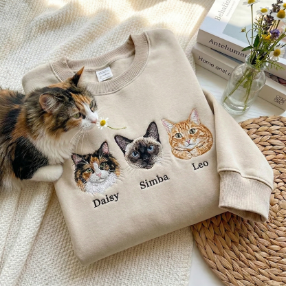 Custom Pet Portrait Sweatshirt with 1 to 3 Pets Photos and Names Embroidered Hoodie Gifts for Cat Lover & Dog Lovers