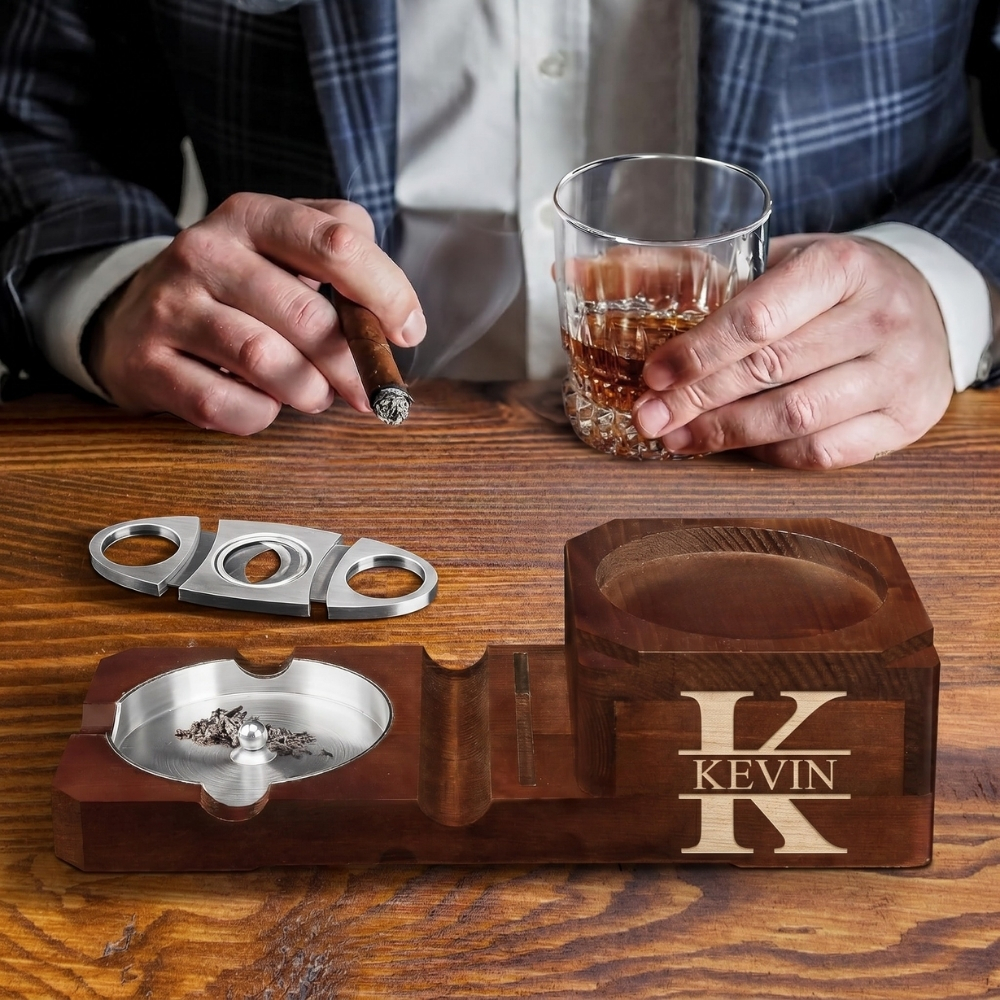 Personalized Cigar Ashtray Walnut Box Whiskey Glass Ashtray Cigar Holder Engraved Wood Gifts for Dad