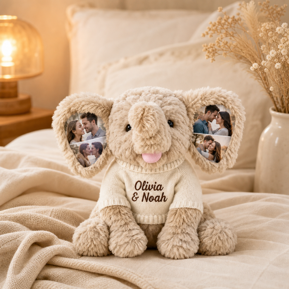 Personalized Photo Elephant Plush with Embroidered Name Custom 8 Pictures Ear Stuffed Elephant Anniversary Gift for Couples