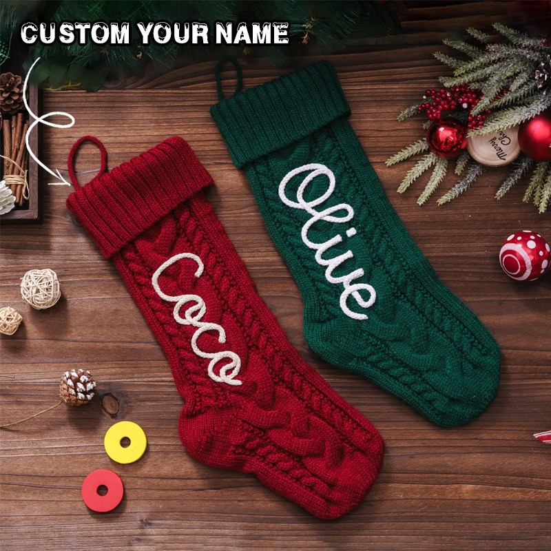 Handmade Personalized Name Hand Embroidered Christmas Stockings Custom Knit Socks Ornament with Name Family Xmas Gifts