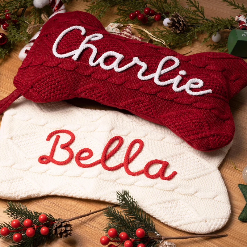 Personalized Name Hand Embroidered Dog Bone Knitted Pet Stockings Bone Shaped Christmas Gifts for Family