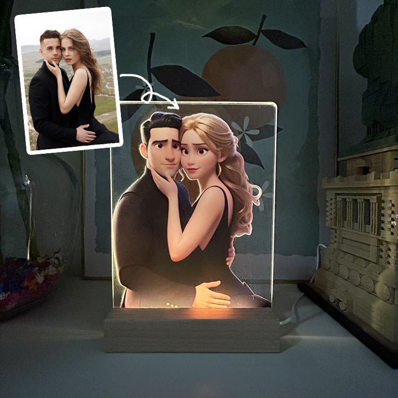 Personalized Cartoon Style 3D Photo Frame Night Light with Text Engraved Pixar Inspired Portraits