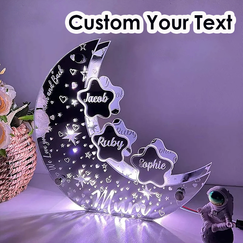Personalized Acrylic Moon Sign Lamp for Mom Custom Moon Mirror Light Stars with Family Names Mother's Day Gift