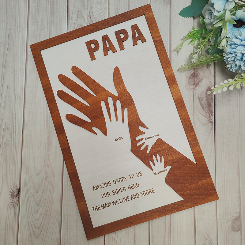 Custom Dad and Kids Palm Wooden Frame Personalized Name Sign Fathers Day Gift from Daughter Kids Son