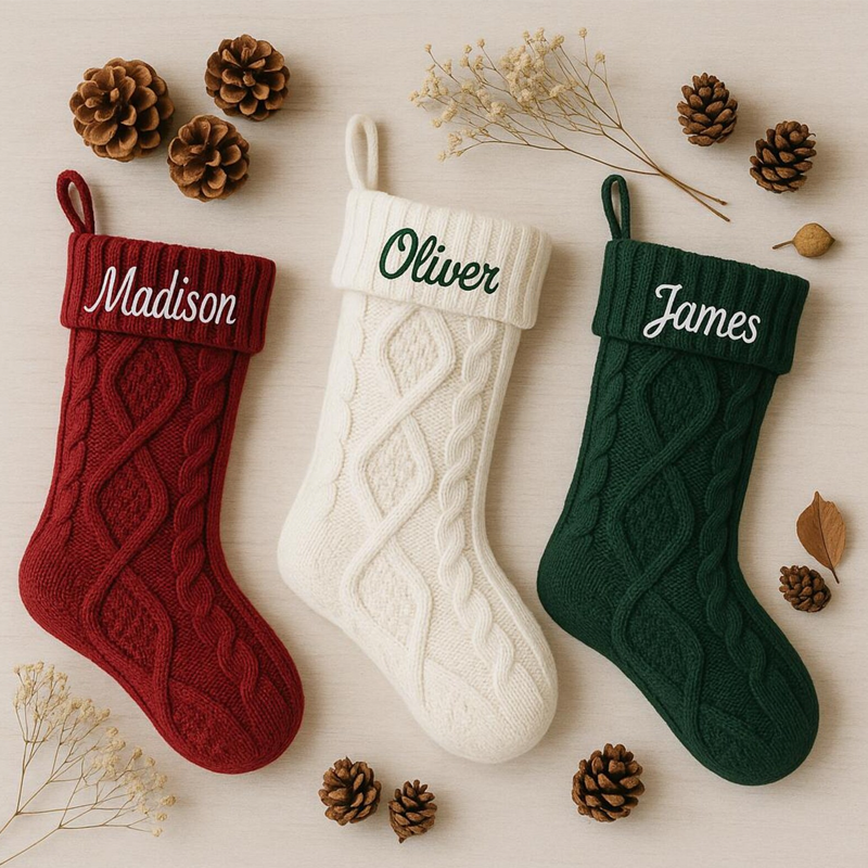 Personalized Embroidered Knit Christmas Stockings Ornament Knitted Sock Holiday Stockings with Name Christmas Gifts