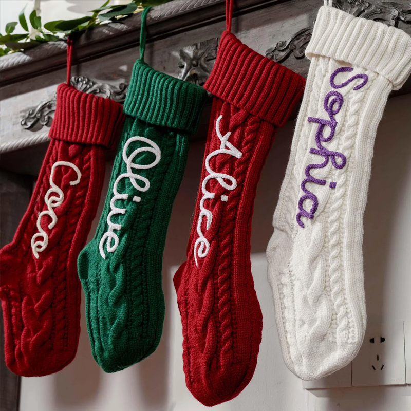 Handmade Personalized Name Hand Embroidered Christmas Stockings Custom Knit Socks Ornament with Name Family Xmas Gifts