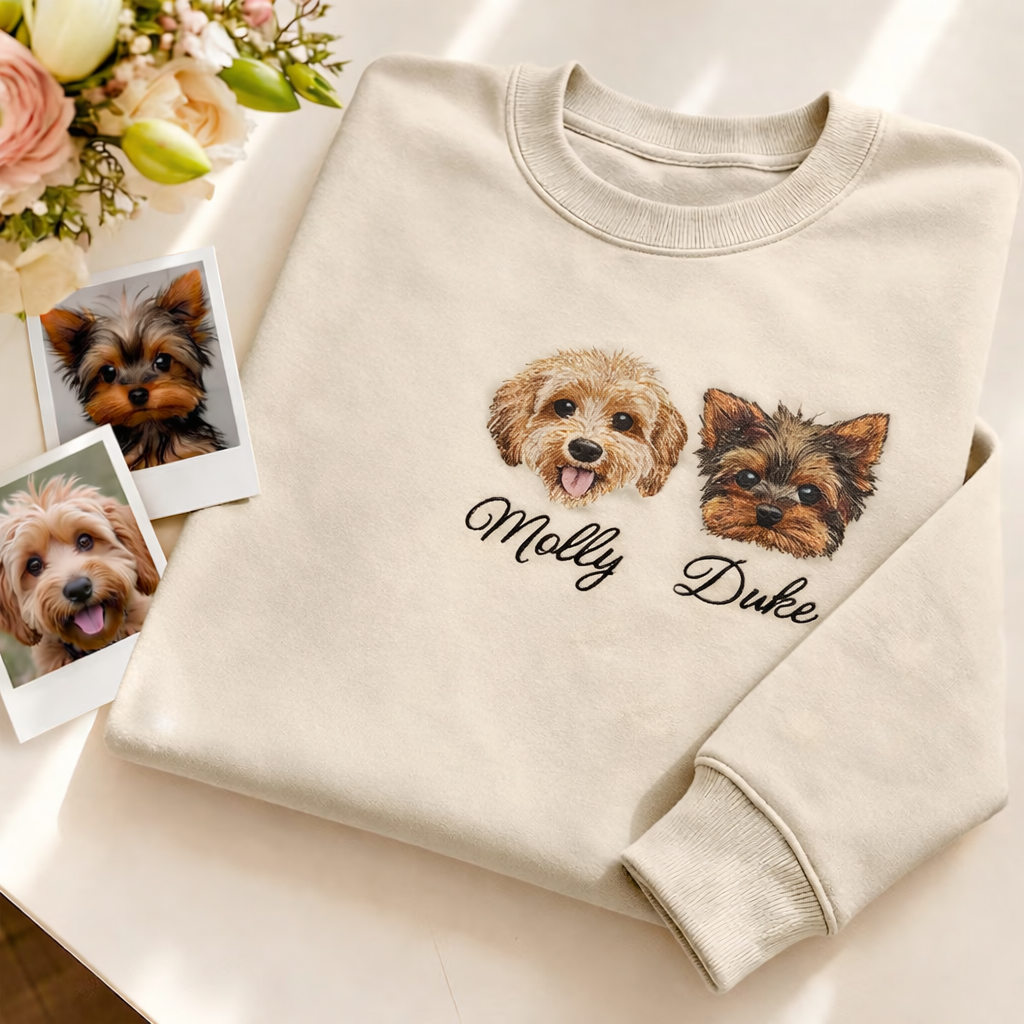 Custom Pet Embroidered Sweatshirt Personalized Dog and Cat Photo Portrait and Name Hoodie Gifts for Dog Mom