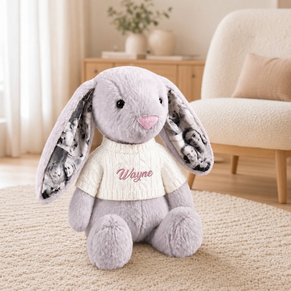 Personalized Photo Bunny Plush with Embroidered Name Sweater Custom Memory Stuffed Rabbit with 4 Photos Anniversary Gift for Couples