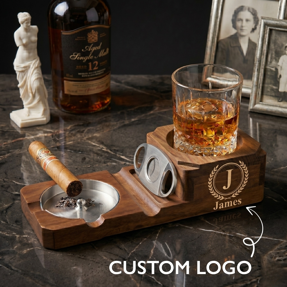 Personalized Cigar Ashtray Walnut Box Whiskey Glass Ashtray Cigar Holder Engraved Wood Gifts for Dad