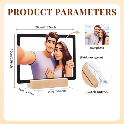 Personalized Cartoon Style 3D Photo and Text Frame Night Light Pixar Inspired Portraits