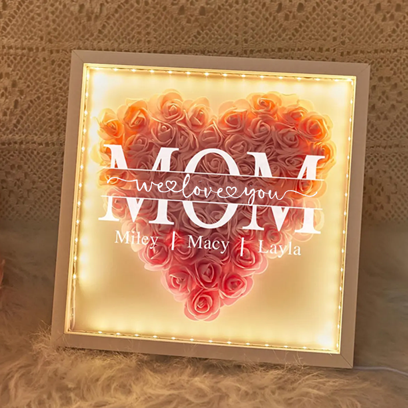 Personalized Mom Flower Shadow Box with Kids Name Custom Heart Rose Frame with LED Light Mother's Day Gift