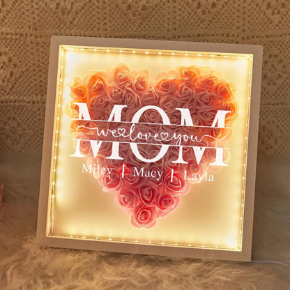 Personalized Mom Flower Shadow Box with Kids Name Custom Heart Rose Frame with LED Light Mother's Day Gift