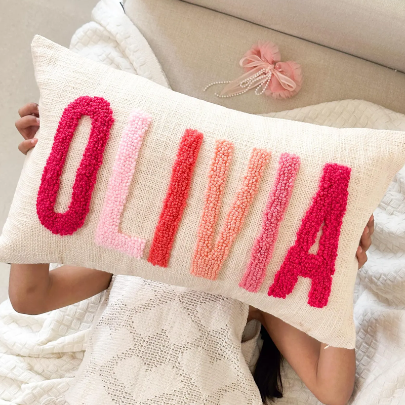 Handmade Personalized Name Embroidered Pillow Punch Needle Name Pillow Baby Girl Nursery Pillow New Baby Gift
