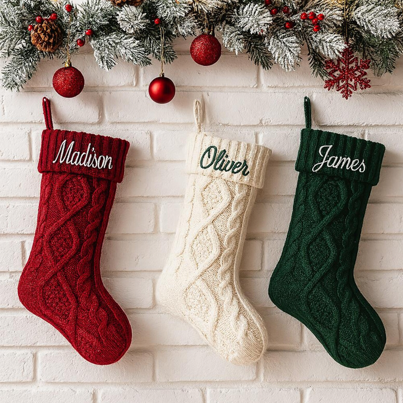 Personalized Embroidered Knit Christmas Stockings Ornament Knitted Sock Holiday Stockings with Name Christmas Gifts
