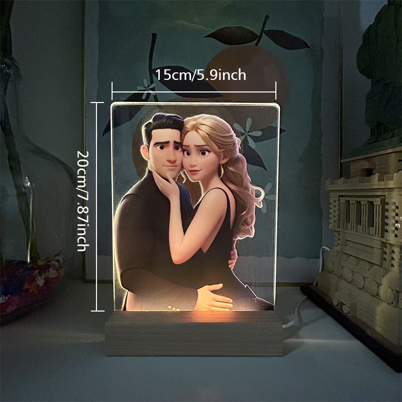Personalized Cartoon Style 3D Photo Frame Night Light with Text Engraved Pixar Inspired Portraits