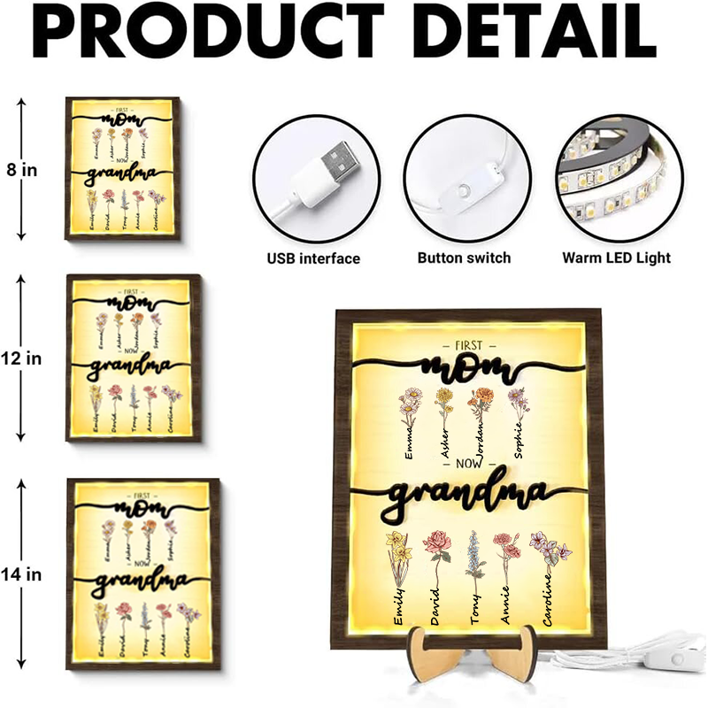 Grandma Garden Wooden Sign Night Light Personalized Name Birth Month Flower Frame Gift For Mom and Grandma