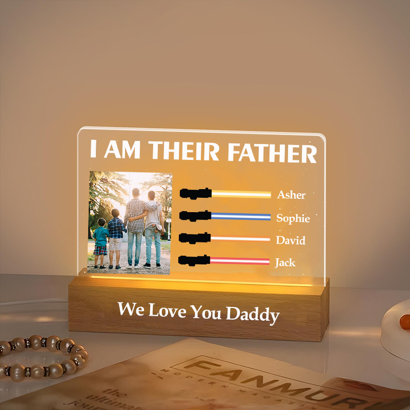 I Am Their Father Custom Photo Night Light with Kids Names Personalized Lightsaber Sign Gifts for Dad