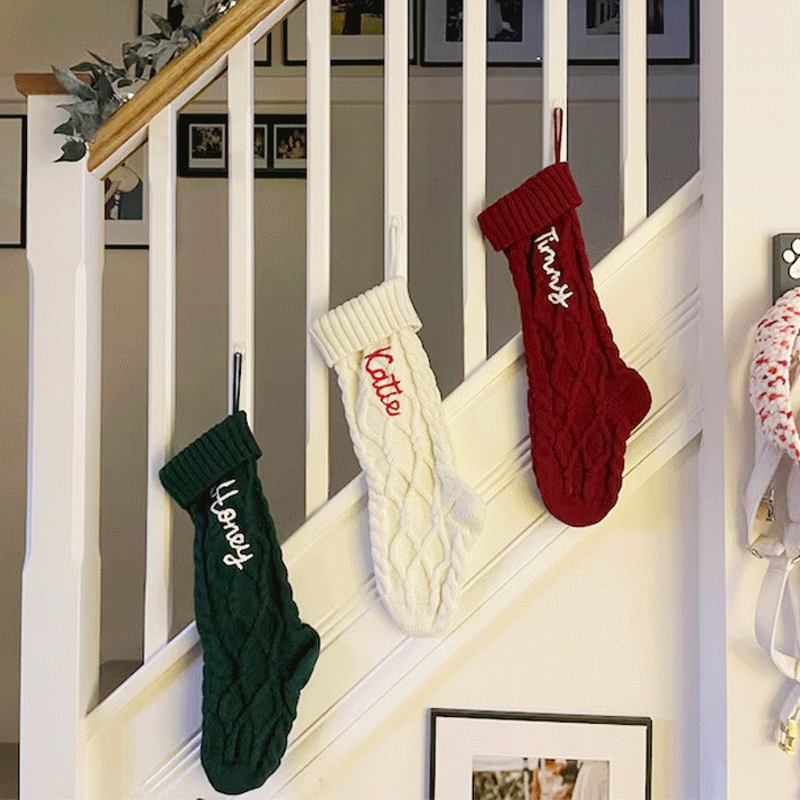 Handmade Personalized Name Hand Embroidered Christmas Stockings Custom Knit Socks Ornament with Name Family Xmas Gifts